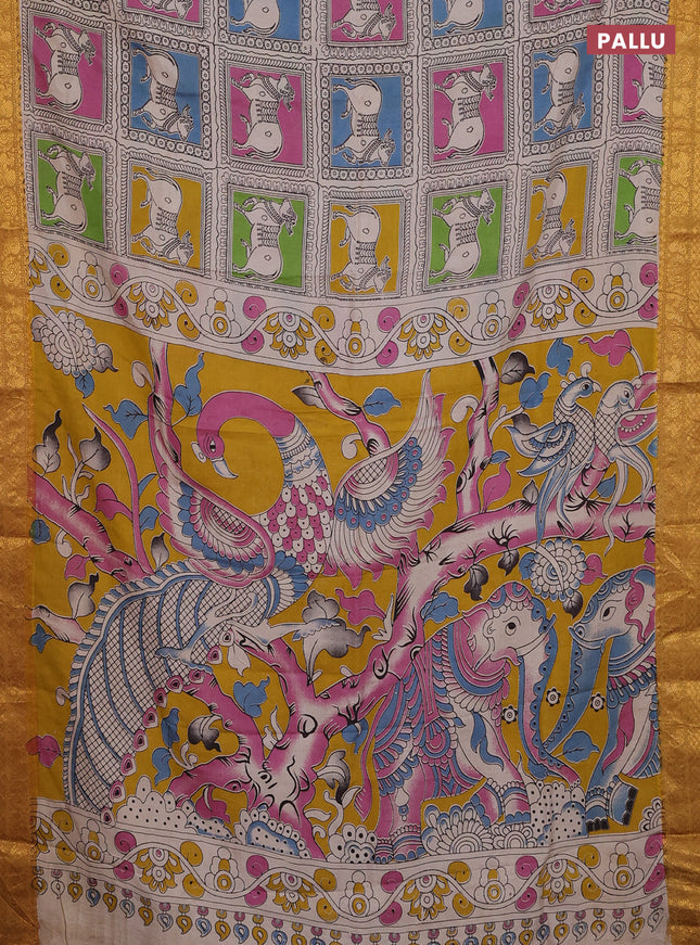 Kalamkari semi silk saree beige mustard yellow and multi colour with allover prints and zari woven border