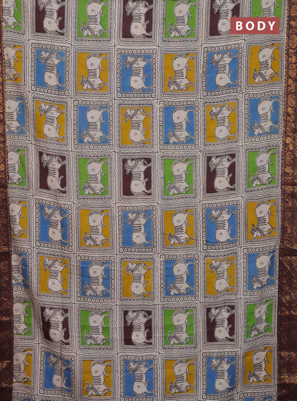 Kalamkari semi silk saree beige brown and multi colour with allover prints and zari woven border