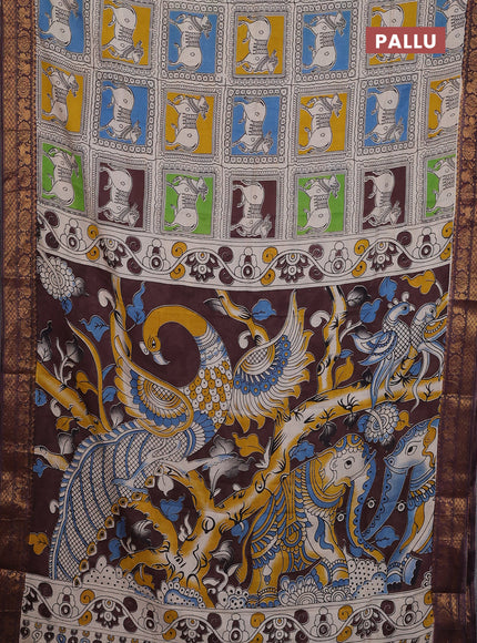 Kalamkari semi silk saree beige brown and multi colour with allover prints and zari woven border