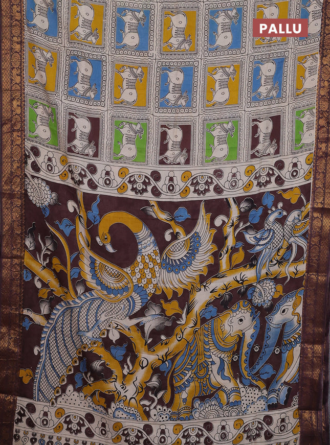 Kalamkari semi silk saree beige brown and multi colour with allover prints and zari woven border