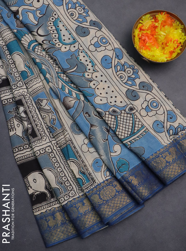 Kalamkari semi silk saree beige blue and multi colour with allover prints and zari woven border