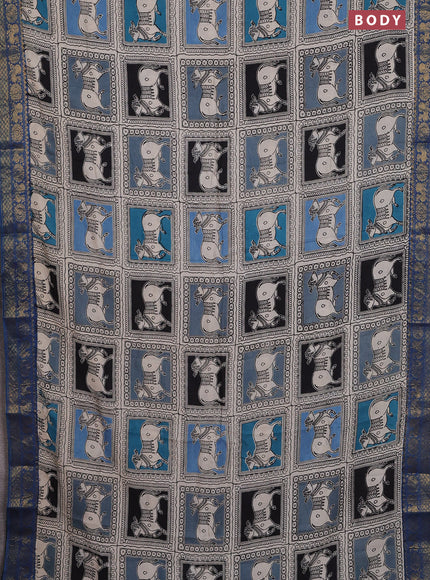 Kalamkari semi silk saree beige blue and multi colour with allover prints and zari woven border