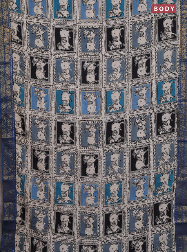 Kalamkari semi silk saree beige blue and multi colour with allover prints and zari woven border