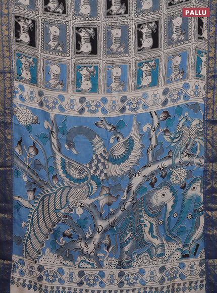 Kalamkari semi silk saree beige blue and multi colour with allover prints and zari woven border