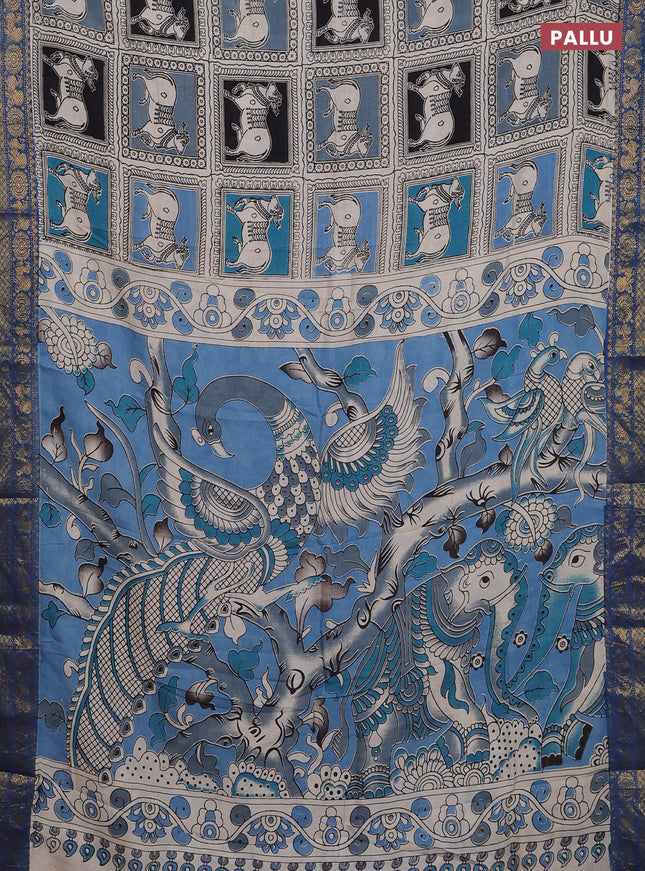 Kalamkari semi silk saree beige blue and multi colour with allover prints and zari woven border