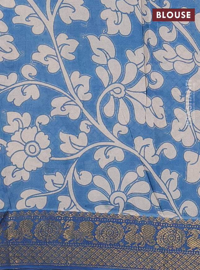 Kalamkari semi silk saree beige blue and multi colour with allover prints and zari woven border