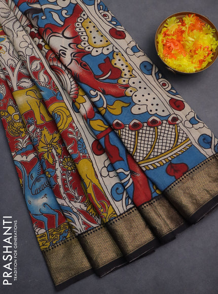 Kalamkari semi silk saree maroon and black with allover prints and zari woven border