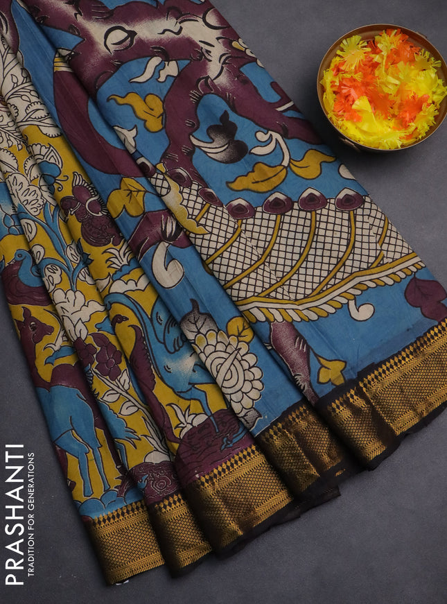 Kalamkari semi silk saree beige yellow and black with allover prints and zari woven border