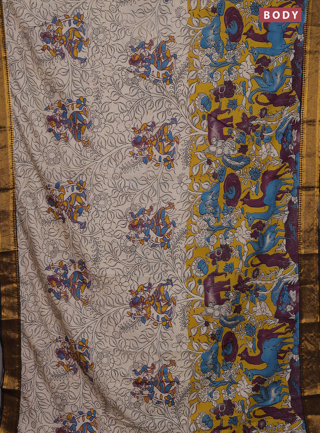 Kalamkari semi silk saree beige yellow and black with allover prints and zari woven border