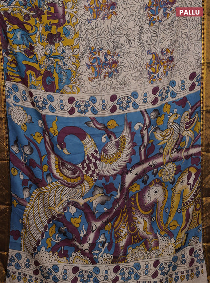 Kalamkari semi silk saree beige yellow and black with allover prints and zari woven border