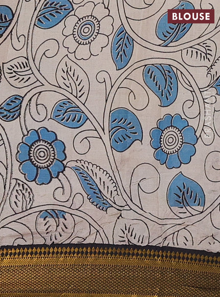 Kalamkari semi silk saree beige yellow and black with allover prints and zari woven border