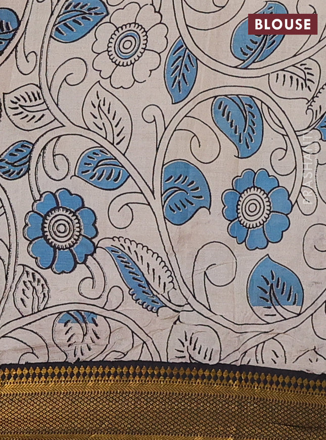 Kalamkari semi silk saree beige yellow and black with allover prints and zari woven border