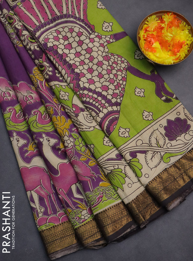 Kalamkari semi silk saree purple and brown with allover prints and zari woven border