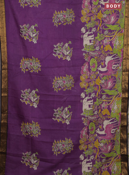 Kalamkari semi silk saree purple and brown with allover prints and zari woven border