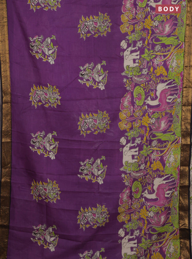 Kalamkari semi silk saree purple and brown with allover prints and zari woven border