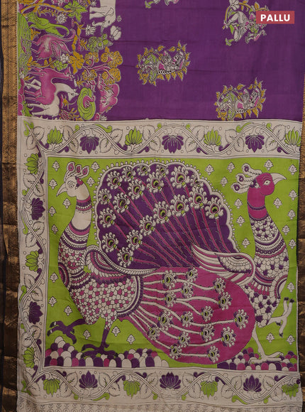 Kalamkari semi silk saree purple and brown with allover prints and zari woven border