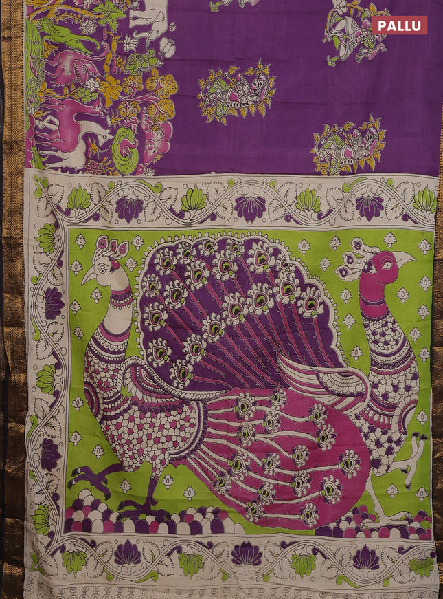 Kalamkari semi silk saree purple and brown with allover prints and zari woven border