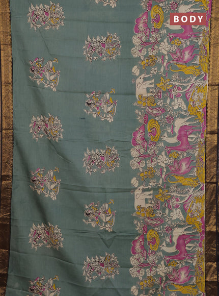 Kalamkari semi silk saree pastel green and black with allover prints and zari woven border