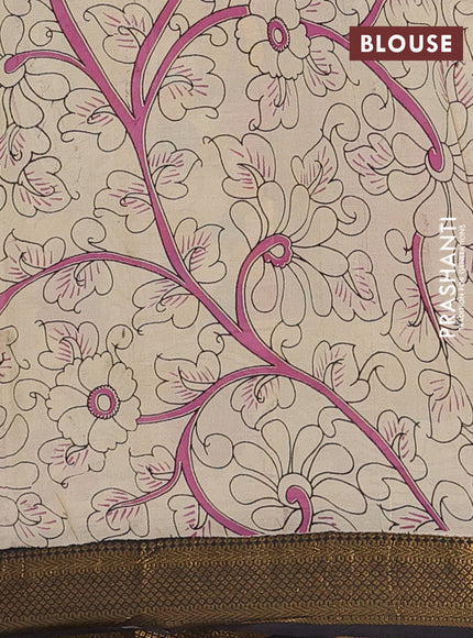 Kalamkari semi silk saree pastel green and black with allover prints and zari woven border