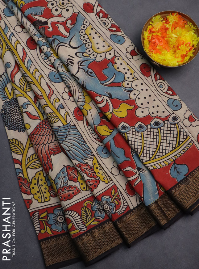 Kalamkari semi silk saree beige and black with allover prints and zari woven border