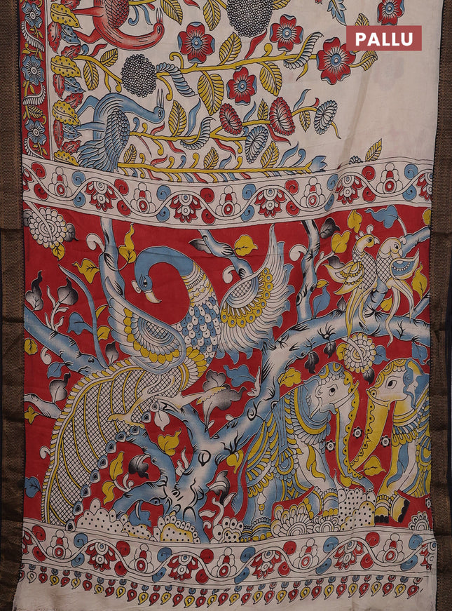 Kalamkari semi silk saree beige and black with allover prints and zari woven border