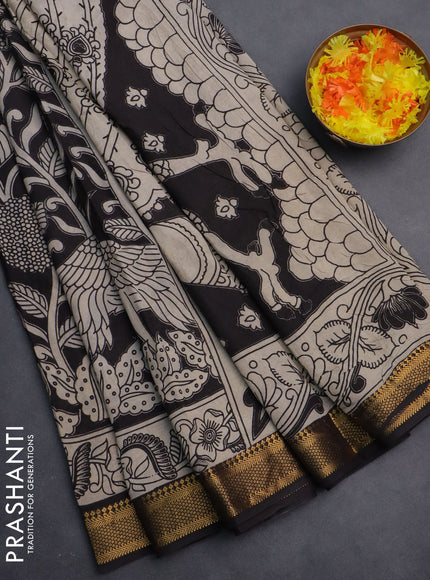 Kalamkari semi silk saree black and beige with allover prints and zari woven border