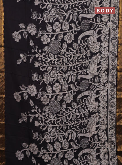 Kalamkari semi silk saree black and beige with allover prints and zari woven border