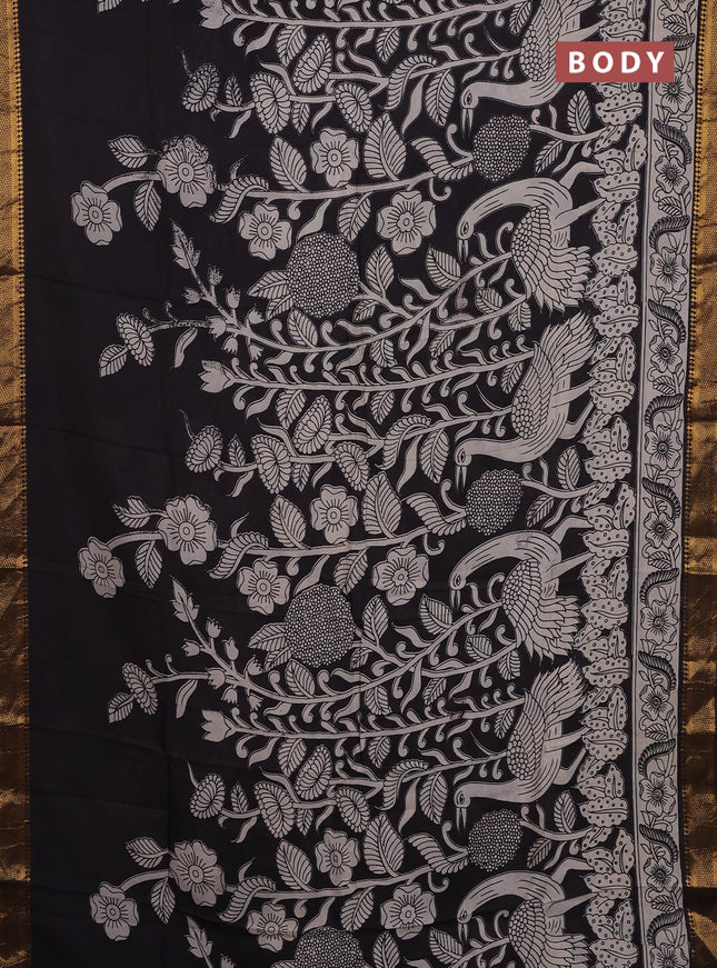 Kalamkari semi silk saree black and beige with allover prints and zari woven border