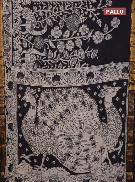 Kalamkari semi silk saree black and beige with allover prints and zari woven border