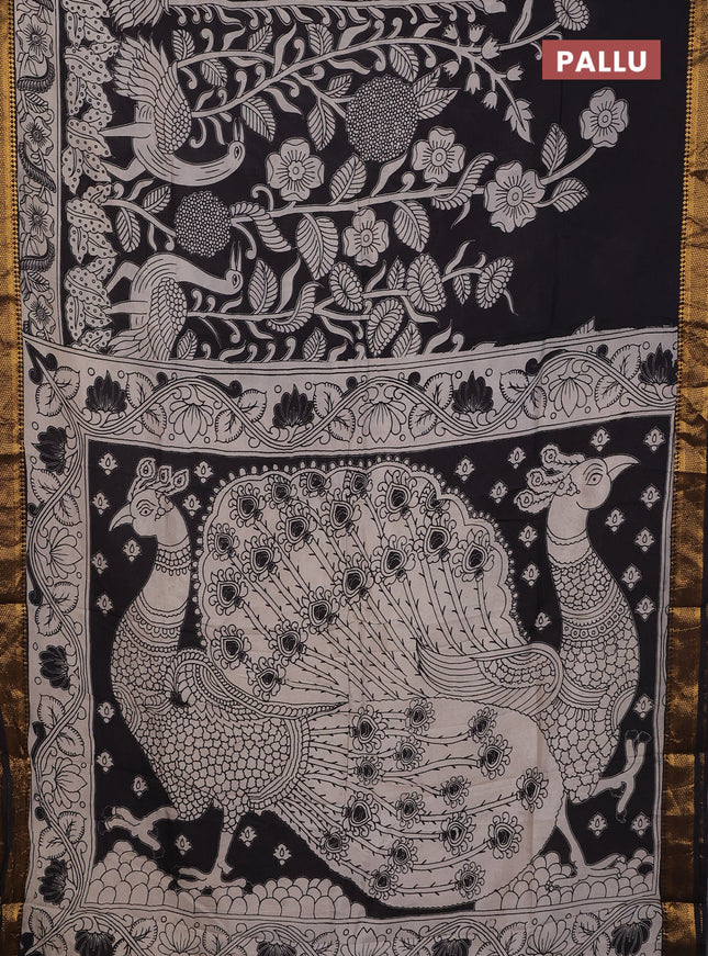 Kalamkari semi silk saree black and beige with allover prints and zari woven border