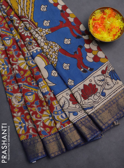 Kalamkari semi silk saree maroon and blue with allover prints and zari woven border