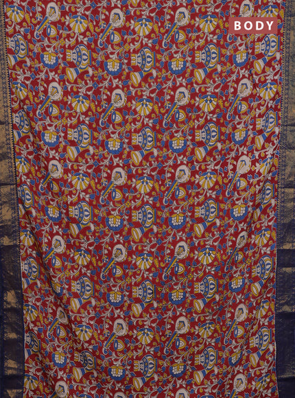 Kalamkari semi silk saree maroon and blue with allover prints and zari woven border
