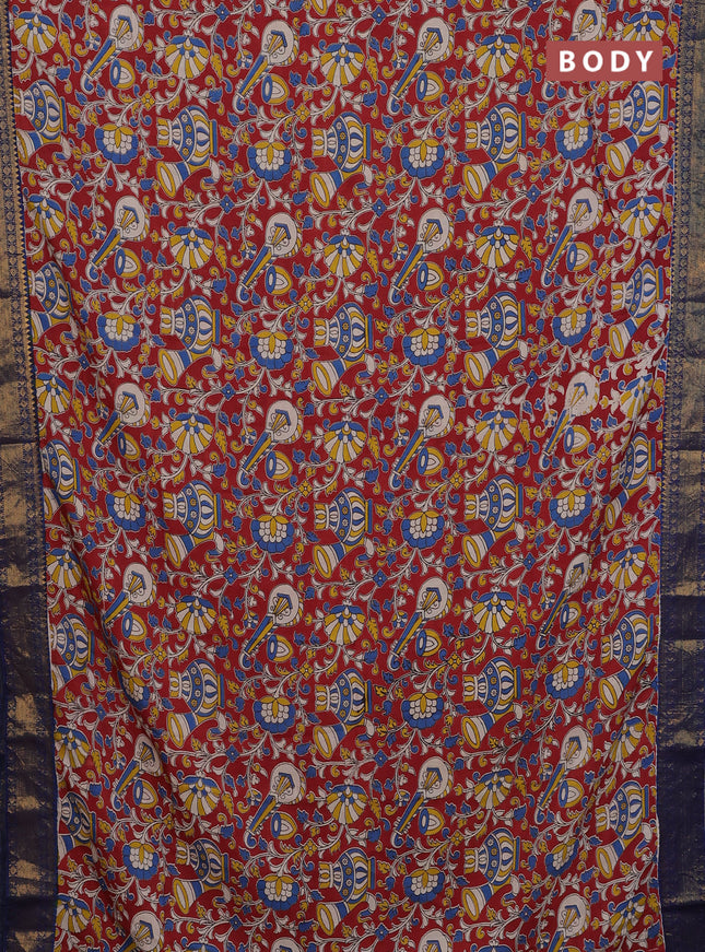 Kalamkari semi silk saree maroon and blue with allover prints and zari woven border