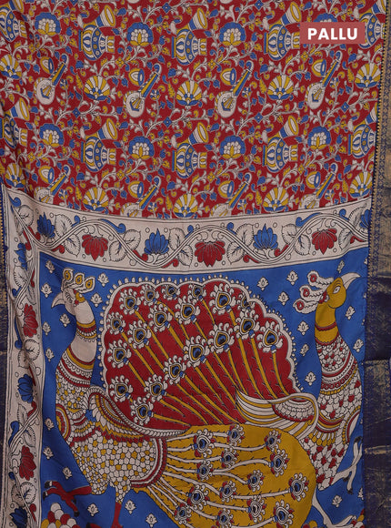 Kalamkari semi silk saree maroon and blue with allover prints and zari woven border