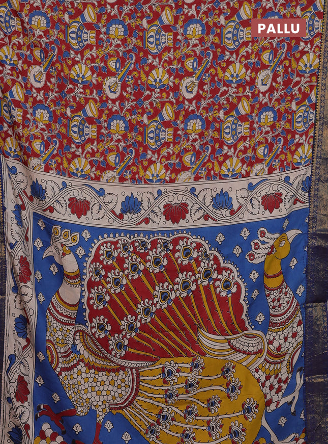 Kalamkari semi silk saree maroon and blue with allover prints and zari woven border