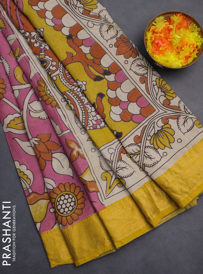 Kalamkari semi silk saree pink and yellow with allover prints and zari woven border