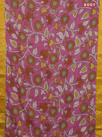Kalamkari semi silk saree pink and yellow with allover prints and zari woven border