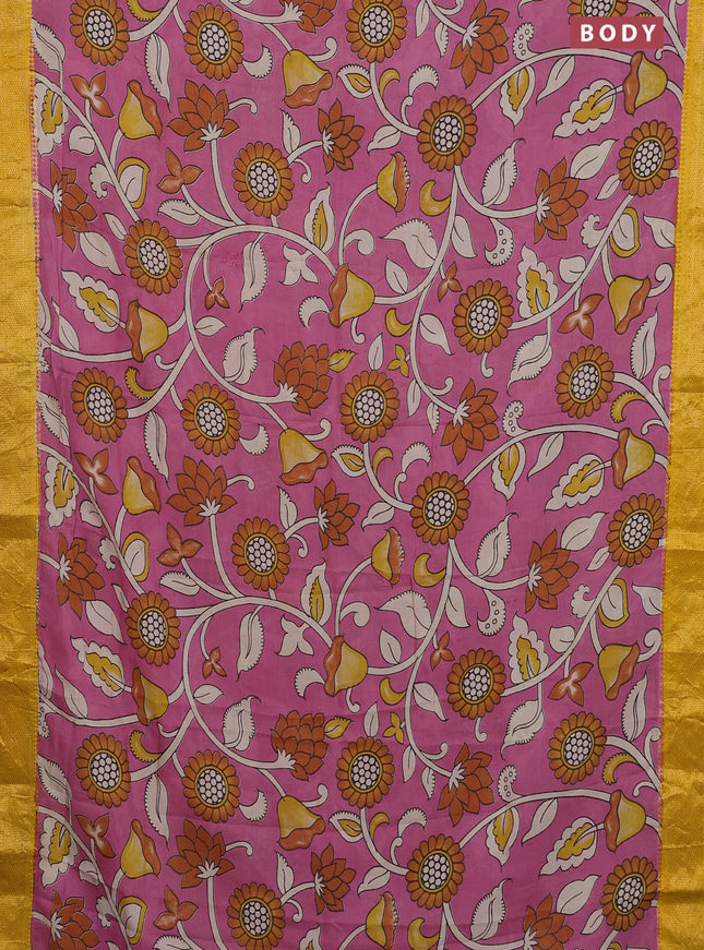 Kalamkari semi silk saree pink and yellow with allover prints and zari woven border