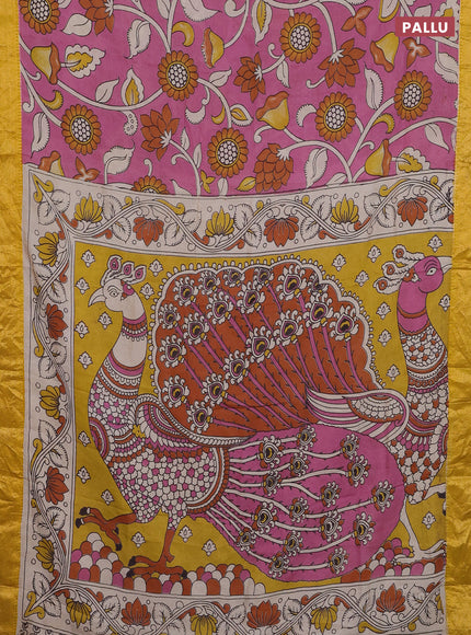 Kalamkari semi silk saree pink and yellow with allover prints and zari woven border