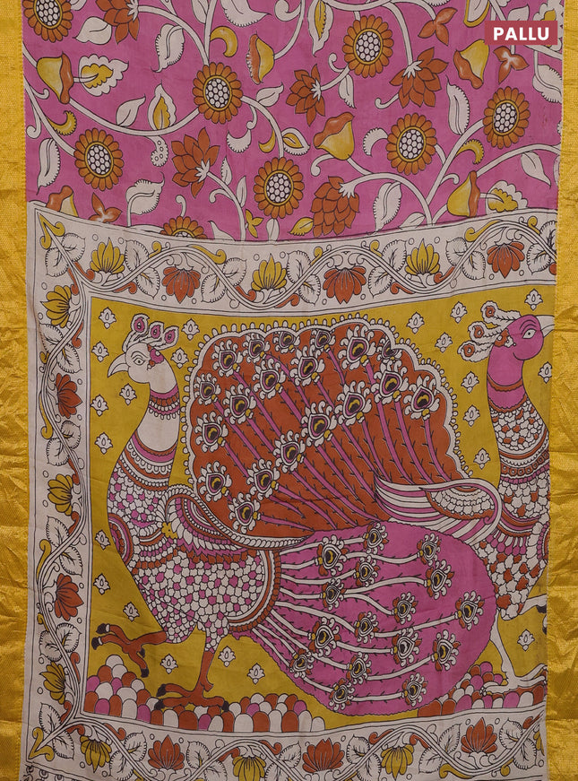Kalamkari semi silk saree pink and yellow with allover prints and zari woven border