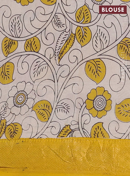 Kalamkari semi silk saree pink and yellow with allover prints and zari woven border