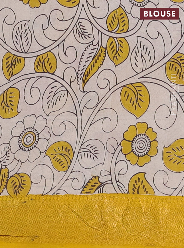 Kalamkari semi silk saree pink and yellow with allover prints and zari woven border