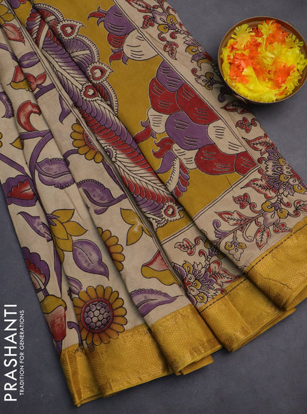 Kalamkari semi silk saree beige and yellow with allover prints and zari woven border