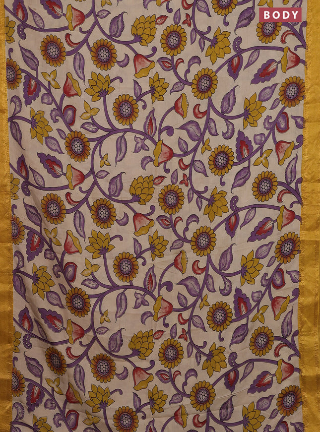 Kalamkari semi silk saree beige and yellow with allover prints and zari woven border
