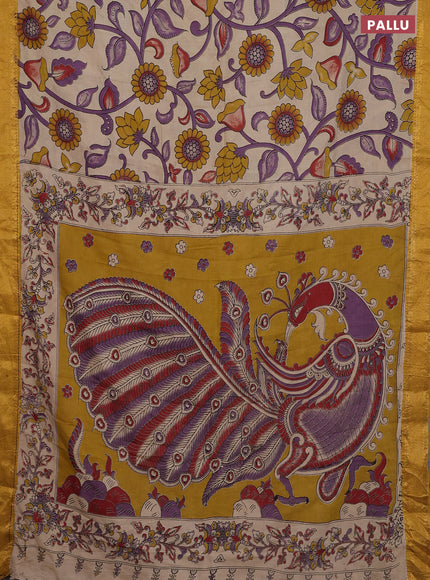 Kalamkari semi silk saree beige and yellow with allover prints and zari woven border