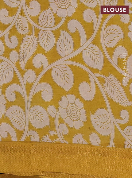 Kalamkari semi silk saree beige and yellow with allover prints and zari woven border