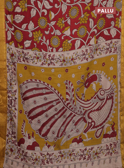 Kalamkari semi silk saree maroon and mustard shade with allover prints and zari woven border