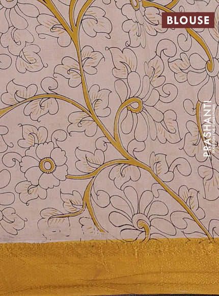 Kalamkari semi silk saree maroon and mustard shade with allover prints and zari woven border