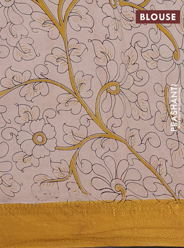 Kalamkari semi silk saree maroon and mustard shade with allover prints and zari woven border