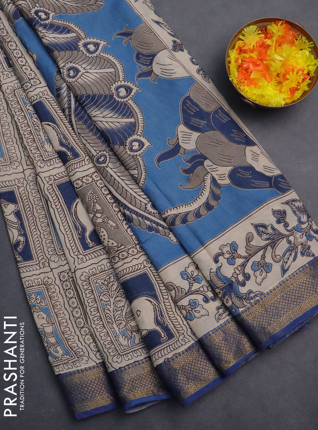Kalamkari semi silk saree beige and blue with allover prints and zari woven border